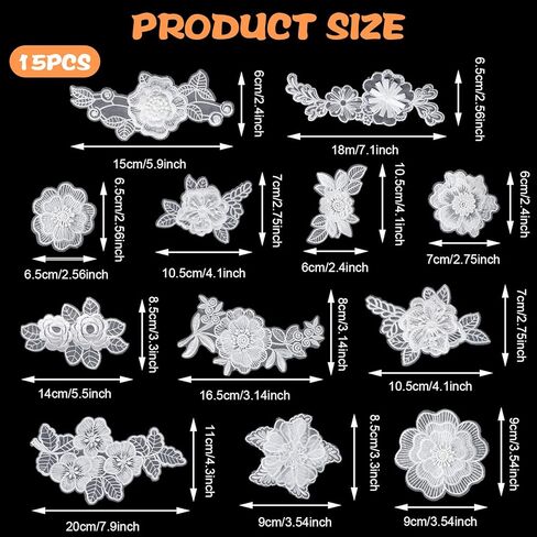 15 Pcs Flower Embroidery Patch, Lace Appliqué DIY Craft Patches for Decoration, Flower Lace Appliques Patches Sew On Patches for Repair of Clothing Backpacks Jeans Hats(White) in Saudi Arabia