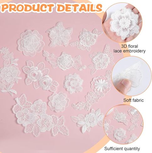 15 Pcs Flower Embroidery Patch, Lace Appliqué DIY Craft Patches for Decoration, Flower Lace Appliques Patches Sew On Patches for Repair of Clothing Backpacks Jeans Hats(White) in Saudi Arabia