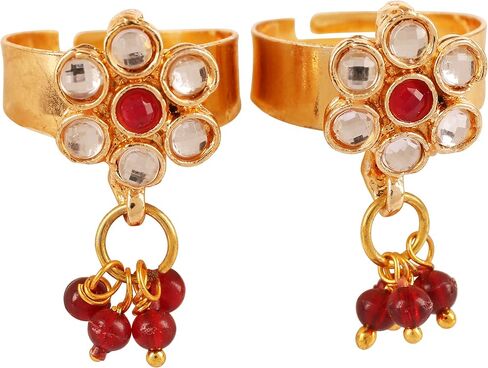 Touchstone New Indian Bollywood Pretty Floral Work Studded Look Faux Emerald Ruby Designer Jewelry Toe Rings in Gold Tone for Women. in Saudi Arabia