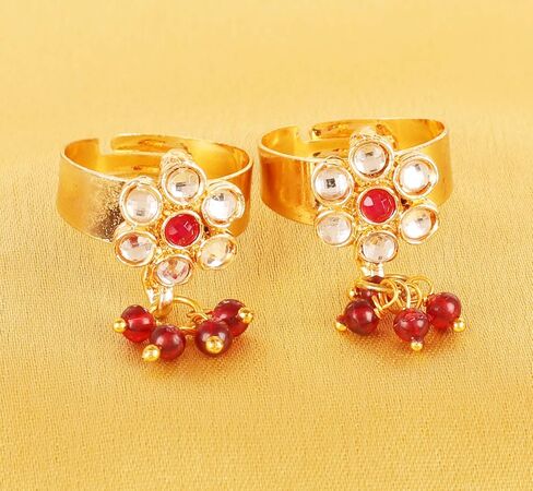 Touchstone New Indian Bollywood Pretty Floral Work Studded Look Faux Emerald Ruby Designer Jewelry Toe Rings in Gold Tone for Women. in Saudi Arabia