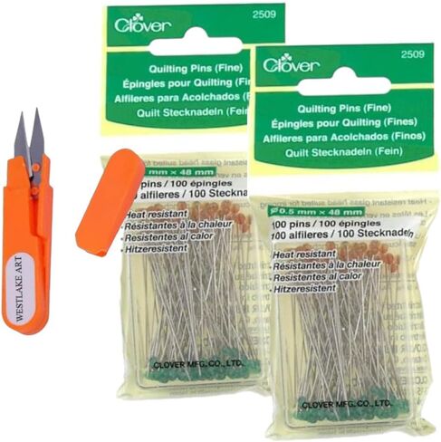 Quilting Pins Fine, 100 Pins - Glass Head Quilting Pins for Precision Sewing | Bundled with Embroidery Scissors - Stainless Steel Fabric Pins for Sewing ~ [Pack of 2] in Saudi Arabia