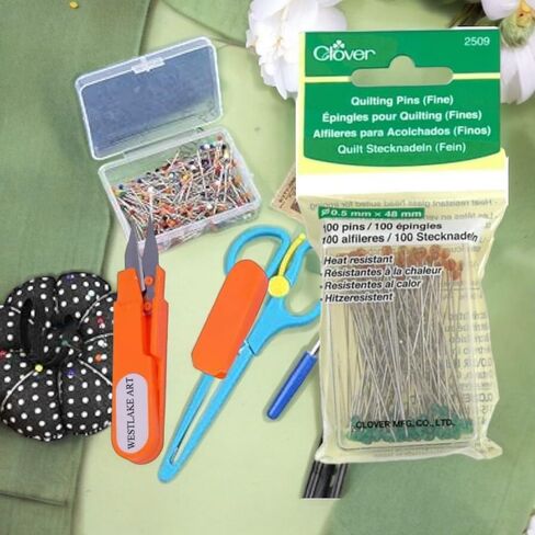 Quilting Pins Fine, 100 Pins - Glass Head Quilting Pins for Precision Sewing | Bundled with Embroidery Scissors - Stainless Steel Fabric Pins for Sewing ~ [Pack of 2] in Saudi Arabia