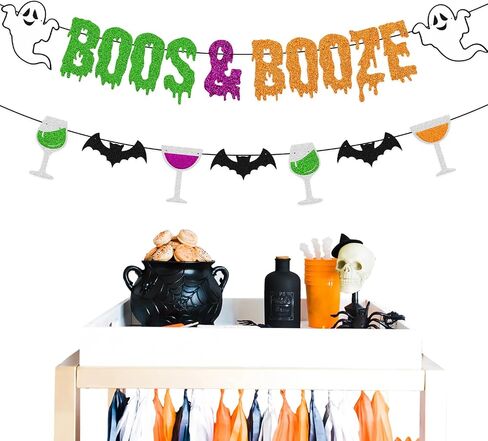 لافتة Boos & Booze لافتة الهالوين جرعة شبح الخفافيش الرعب والساحرات اليقطين لديكورات حفلات الهالوين (ملونة) in Saudi Arabia