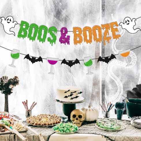 لافتة Boos & Booze لافتة الهالوين جرعة شبح الخفافيش الرعب والساحرات اليقطين لديكورات حفلات الهالوين (ملونة) in Saudi Arabia