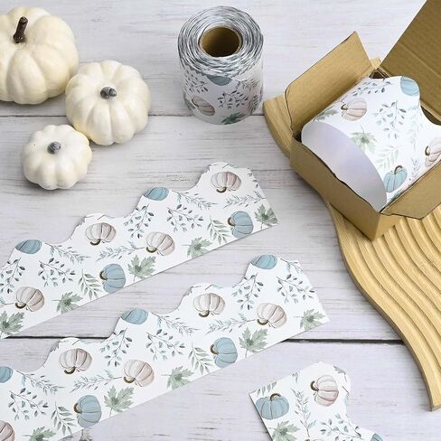 65.6Ft Fall Bulletin Board Borders Pumpkin Maple Leaves Bulletin Border Trim Watercolor Blue Scalloped Thanksgiving Border Decorations for Home School Classroom Office Chalkboard Wall Decor in Saudi Arabia