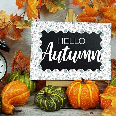 65.6Ft Fall Bulletin Board Borders Pumpkin Maple Leaves Bulletin Border Trim Watercolor Blue Scalloped Thanksgiving Border Decorations for Home School Classroom Office Chalkboard Wall Decor in Saudi Arabia