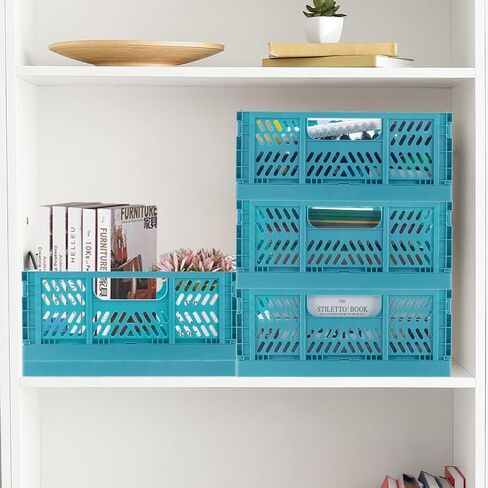 4 Pack Plastic Storage Basket, Folding Storage Box Crate Organizer with Handle for Shelf, Stacking Collapsible Closet Container for Home Office Kitchen in Saudi Arabia