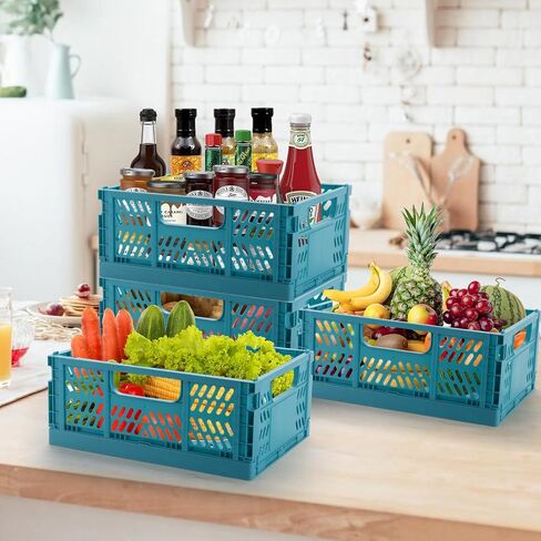 4 Pack Plastic Storage Basket, Folding Storage Box Crate Organizer with Handle for Shelf, Stacking Collapsible Closet Container for Home Office Kitchen in Saudi Arabia