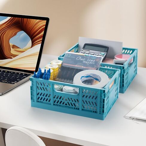 4 Pack Plastic Storage Basket, Folding Storage Box Crate Organizer with Handle for Shelf, Stacking Collapsible Closet Container for Home Office Kitchen in Saudi Arabia