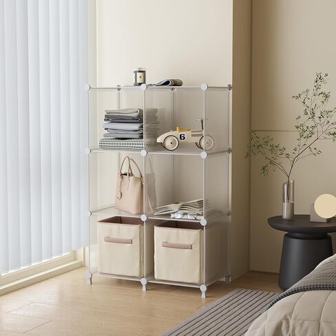 AWTATOS Cube Storage Organizer, 6 Cube Shelves Bookshelf, Closet Organizers and Storage, DIY Stackable Plastic Clothes Organizer Shelving for Bedroom, Home Office, Transparent Twill in Kuwait