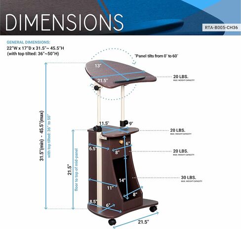 Techni Mobili Sit-to-Stand Rolling Adjustable Storage Medical Laptop Computer Cart, Chocolate, B005 in Saudi Arabia