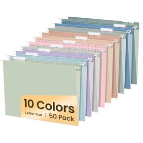 SUNEE Hanging File Folders, 50 Pack Letter Size Hanging File folders with 1/5-cut Tabs, Stay Organized for Your Home and Office Bulk File, Documents and Paper,10 Assorted Colors