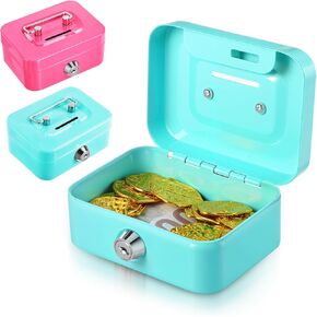 2 Pcs Money Box Cash Box with Lock and Slot, Small Cash Box with Key Lock, Portable Metal Money Box, Money Organizer Piggy Bank Metal Coin Bank Gifts for Christmas Xmas New Year (Pink & Green)