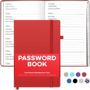 Forvencer Password Book with Individual Alphabetical Tabs, Medium Size Password Keeper Book, Hardcover Password Notebook for Seniors, Internet Password Organizer Logbook, 5.6"x8.3", Red