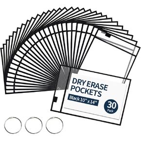 Ufmarine 30 Pack Dry Erase Pocket Sleeves Black, (10 x 13) Job Ticket Holders, Reusable Sleeves for Teacher Classroom