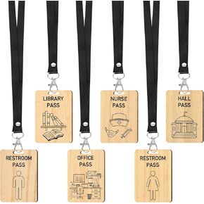 6 Pieces Hall Pass Lanyards and School Passes Set, Wooden Passes for School, Classrooms Hall, Library, Restroom, Office, Nurse, Teacher Supplies