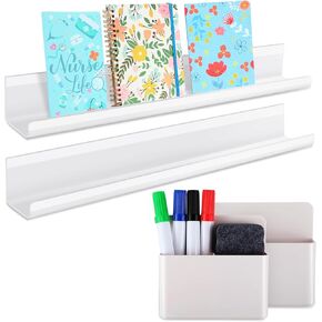 4 Pcs Magnetic Book Shelf with Pen and Eraser Holder for Whiteboard Classroom and Fridge Storage Reusable Acrylic Magnetic Book Display Shelf Back to School Gift for Teacher Office