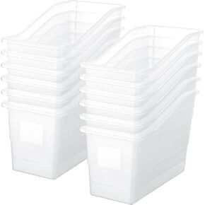 Suzile 12 Pcs Clear Plastic Book Bins with Labels for Classroom Linking Storage Bins Book and Binder Holders Classroom Organization Book Bins Baskets Boxes for Teacher Office Classroom Home