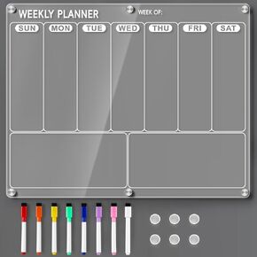 Magnetic Large Acrylic Meal Planner for Fridge, Menu Board for Kitchen with 8 Color Markers, Clear Weekly Planner, Weekly Calendar for Fridge, Planning Board for Grocery/Shopping List -14.5 * 11.5''