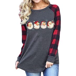 Christmas Santa Shirt Women Funny Christmas Santa Claus Graphic Plaid Long Sleeve Raglan Baseball T-Shirt