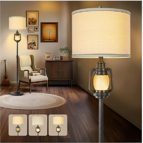 Floor Lamp for Living Room Vintage Standing Lamp with Linen Fabric Hardback Shade Industrial Tall Lamp With Night Light Decor for Living Room, Bedroom,Study, Home Office (LED Bulb Included)