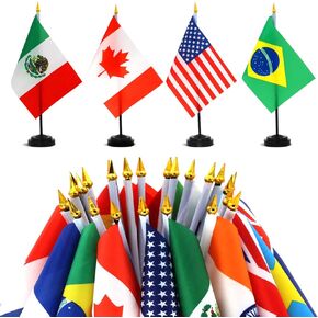 ANLEY 24 Countries Deluxe Desk Flags Set - 8 x 5 Inches Miniature American US Desktop Flag with 13" Black Pole - Vivid Color and Fade Resistant - Come with Black Base and Golden Top