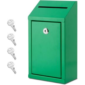 Metal Donation Box with Lock, Wall Mounted, Suggestion Box with 4 Iron Keys, White, Cash Drop Box with Slot, 1-Pack