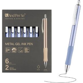 &And Per Se Gel ink Pens, Quality Metal Barrel, Black Ink-Medium Point (0.7mm), 6 pens with 2 extra Refills (mix)
