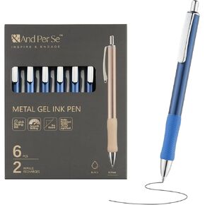 &And Per Se Gel ink Pens, Quality Metal Barrel, Black Ink-Medium Point (0.7mm), 6 pens with 2 extra Refills (mix)