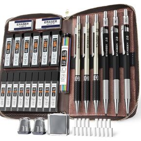 30PCS Art Mechanical Pencil Set with Leather Bag, Metal Artist Lead Pencil 0.5, 0.7, 0.9 mm, 2mm Lead Holders (4H 2H HB 2B 4B 6B Color) with 464PCS Graphite Lead Refills for Drawing Sketching