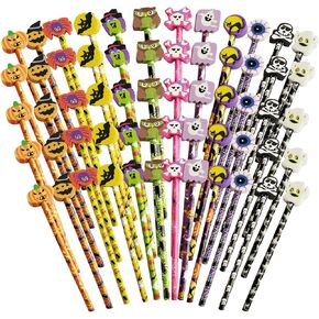 Halloween Pencils with Giant Eraser Assortment Halloween Themed Pencil Ghost Pumpkin Skeleton Bat Spider Wooden Pencils for Halloween Party Favor Supplies,12 Style (60)