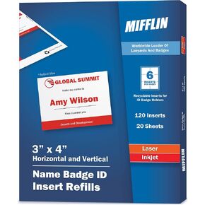 Mifflin-USA Name Badge Inserts, 3"x4" or 4"x3" Badge Inserts (300 Cardstock Refills, 50 Sheets), Compatible with Inkjet, Laser Printer, and Printable Badge Inserts