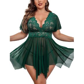 Avidlove Women Plus Size Babydoll Floral Lace Lingerie Deep V Nighty Mesh Sleepwear Lake Green