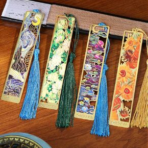 4pcs Metal Bookmarks with Tassel, Oil Painting Art Sunflower Bookmarks Aesthetic Gold Pretty Watercolor Bookmark for Reading Women Men Teen Girls Book Lovers Vintage Metal Book Marks