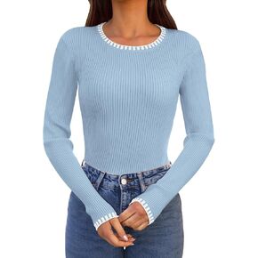 MEROKEETY Women's 2024 Long Sleeve Ribbed Color Block Sweater Crewneck Slim Fitted Basic Knit T Shirt Tops
