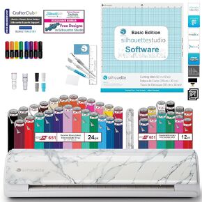 Silhouette Cameo 5 Vinyl Bundle- 36 Sheets of Vinyl, Vinyl Tool Kit, Premium Blade, Pens, and Cameo 5 Start Up Guide with Extra Designs (Marble)