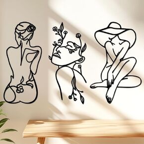 DETENE 3 Pieces Black Metal Wall Decor Minimalist Abstract Metal Wall Art Modern Woman Line Art Decor Single Line Art Décor for Living Room Bedroom Bathroom Kitchen Office(L Size 17 x 11.8'')