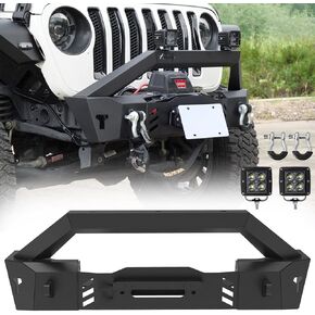 Stubby Front Bumper for 2007-2018 Jeep Wrangler JK/JKU & 2018-2024 Jeep Wrangler JL/JLU, Front Bumper for 2019-2024 Gladiator JT w/Winch Plate & 2x 18W LED Lights & 2x D-rings & License Plate Bracket