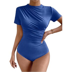 Milumia Women's Casual Ruched Mock Neck T Shirt Short Sleeve Tee Bodysuit Jumpsuit