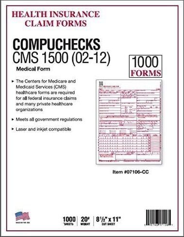 نماذج مطالبة CMS-1500 - الإصدار الحالي من HCFA 02/2012 نماذج مطالبات التأمين الصحي للمنشآت الطبية والمستشفيات، المتوافقة مع طابعات الليزر وطابعات نفث الحبر - مقاس 8.5 بوصة × 11 (1000 ورقة) in Kuwait