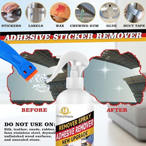Adhesive Remover, Surface-Safe Glue Remover with Plastic Scraper 10.14 Fl oz, Sticker Remover for Easy Removal of Stickers, Labels, Decals, Tape Residue, Gum, Tar, Grease, Adhesive Remover for Cars in Kuwait