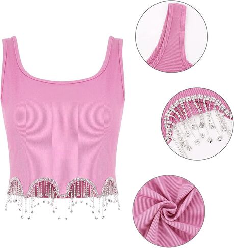 Naimo Womens Sparkly Rhinestone Tassel Crop Top Sleeveless Ribbed Tank Tops Cami Slim Fit Cropped Shirt Vest in Kuwait