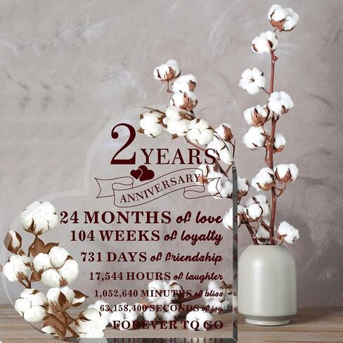 2 Years Anniversary Decor for Him Her Cotton Flower Drawing Print Acrylic Gift 2nd Anniversary Wedding Paperweight Traditional Second Year Marriage for Wife Husband Lover (Cotton Flower) in Saudi Arabia