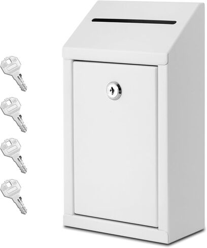 Metal Donation Box with Lock, Wall Mounted, Suggestion Box with 4 Iron Keys, White, Cash Drop Box with Slot, 1-Pack in Kuwait