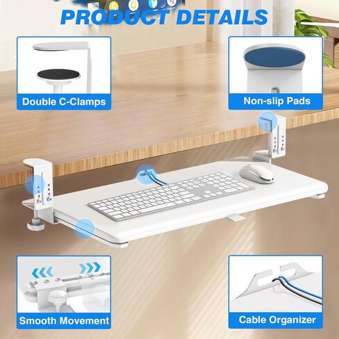 Rfiver Keyboard Tray Under Desk Pull Out with C Clamp Mount, 25.6 (30 Including Clamps) x 13 Inch Slide-Out Platform Computer Drawer Mouse for Typing (White) in Saudi Arabia