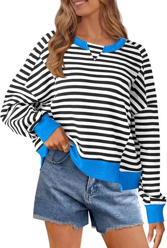 MEROKEETY Women's Striped Color Block Cropped Sweatshirts Oversized Crewneck Long Sleeve Sweater Y2K Shirt Tops in Saudi Arabia