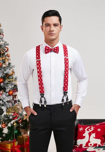 HISDERN Mens Christmas Bow Tie and Suspenders Holiday Festival Braces Y Shape Fun Santa Braces Handkerchief Pocket Square Set in Saudi Arabia