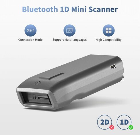 NetumScan Mini 1D Bluetooth Barcode Scanner، 3 في 1 تلقائي CCD قارئ باركود لاسلكي للمخزون، ماسح ضوئي صغير للرموز الشريطية لنقاط البيع والكمبيوتر والكمبيوتر اللوحي وiPhone وiPad وiOS وAndroid in Kuwait