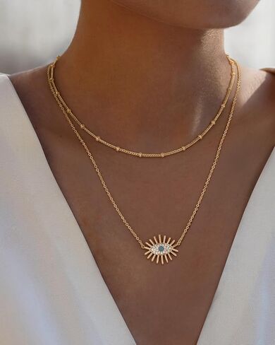 BENEIGE Evil Eye Necklace 14K Gold Plated Cute Dainty Cubic Zirconia Colored Eye Hamsa Pendant Choker Handmade Everyday Minimalist Jewelry for Women… in Kuwait