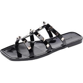 OMGard Jelly Shoes for Women Size 9, Black Studded Jellies Flat Sandals Summer Beach Rivets Strappy Slide Slip On
